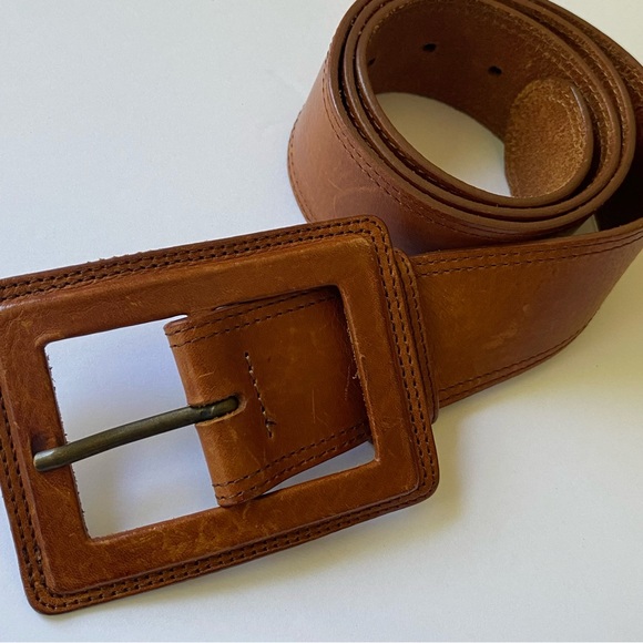 Vintage Brown Leather Belt Large Square Buckle Banana Republic - Picture 2 of 11